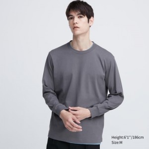 Grey Uniqlo Airism Cotton Uv Protection Crew Neck Men T Shirts | 3119523