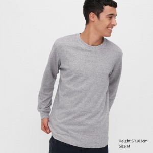 Grey Uniqlo Brushed Cotton Crew Neck Long-sleeve Men T Shirts | 1602441