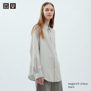 Grey Uniqlo Draped Long-Sleeve Women Shirts | 6429042