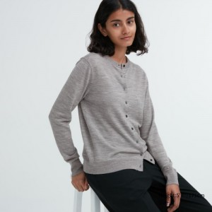 Grey Uniqlo Extra Fine Merino Crew Neck Women Cardigan | 5624301