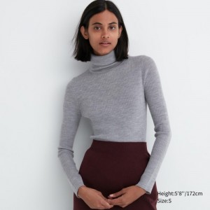 Grey Uniqlo Extra Fine Merino Ribbed Turtleneck Long-Sleeve Women Sweaters | 1169434