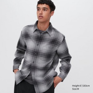 Grey Uniqlo Flannel Checked Long-sleeve Men Shirts | 2703043