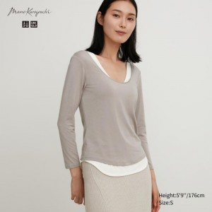 Grey Uniqlo HEATTECH Ballet Neck Long-Sleeve Silk Blend Women T Shirts | 547444