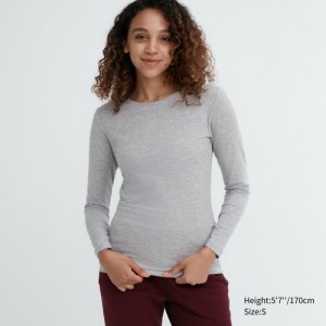 Grey Uniqlo HEATTECH Cotton Crew Neck Long-Sleeve Women T Shirts | 2722284