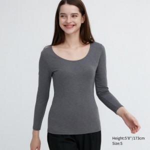 Grey Uniqlo HEATTECH Cotton Scoop Neck Long-Sleeve Women T Shirts | 560043