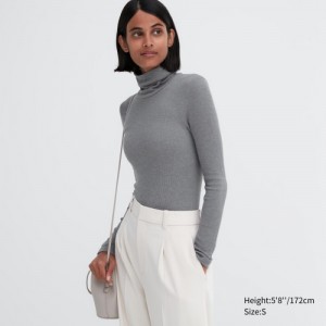 Grey Uniqlo HEATTECH Extra Warm Seamless Ribbed Turtleneck Long-Sleeve Women T Shirts | 8221963