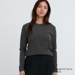 Grey Uniqlo HEATTECH Fleece Crew Neck Long-Sleeve Women T Shirts | 6190919