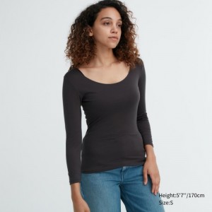 Grey Uniqlo HEATTECH Scoop Neck Long-Sleeve Women T Shirts | 5670690