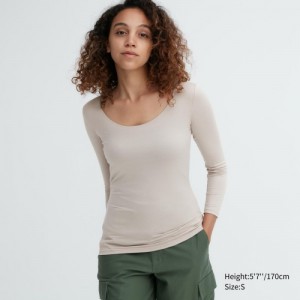Grey Uniqlo HEATTECH Scoop Neck Long-Sleeve Women T Shirts | 6666247
