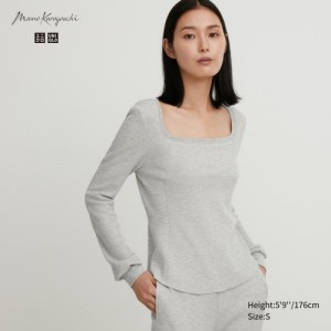 Grey Uniqlo HEATTECH Waffle Square Neck Long-Sleeve Women T Shirts | 7987615