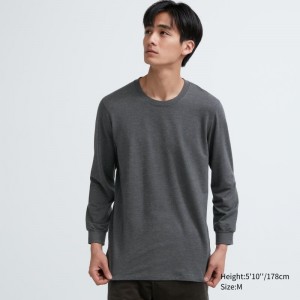Grey Uniqlo Heattech Cotton Crew Neck Extra Warm Men T Shirts | 1088973