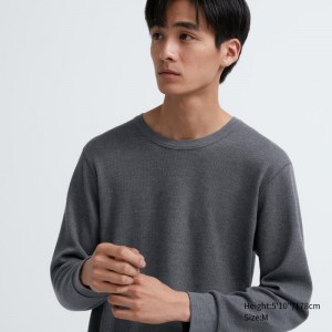 Grey Uniqlo Heattech Cotton Waffle Crew Neck Long-sleeve Extra Warm Men T Shirts | 7297973