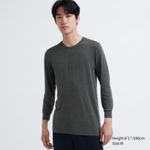 Grey Uniqlo Heattech Crew Neck Long-sleeve Men T Shirts | 5172388