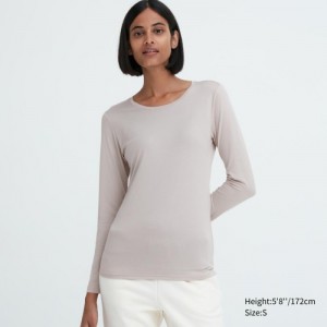 Grey Uniqlo Heattech Crew Neck Long-sleeve Women T Shirts | 7610411