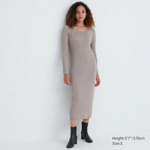 Grey Uniqlo Merino Blend Fitted U Neck Long Sleeve Women Dress | 6954364