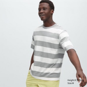 Grey Uniqlo Oversized Striped Half-sleeve Men T Shirts | 4453904