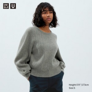 Grey Uniqlo Premium Lambswool Volume Long-Sleeve Women Sweaters | 4080257