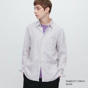 Grey Uniqlo Premium Linen Long-sleeve Men Shirts | 253412