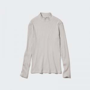Grey Uniqlo Ribbed High Neck Long-Sleeve Women T Shirts | 6261956