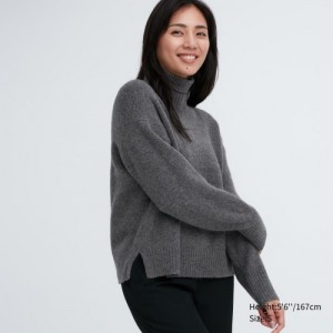 Grey Uniqlo Souffle Yarn High Neck Long-Sleeve Women Sweaters | 9224755