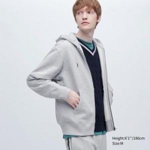 Grey Uniqlo Sweat Full-zip Men Hoodie | 3478310