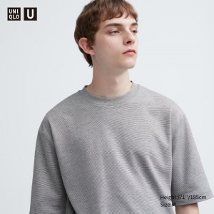 Grey Uniqlo U Airism Cotton Striped Crew Neck Oversized Men T Shirts | 8542866