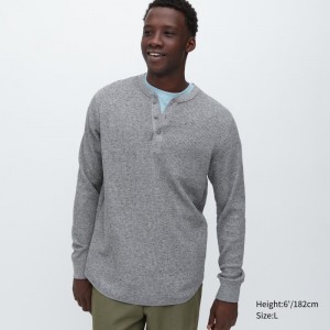 Grey Uniqlo Waffle Long-sleeve Henley Men T Shirts | 8063849
