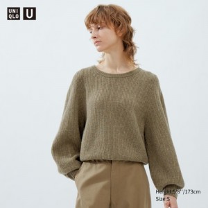 Khaki Uniqlo Premium Lambswool Volume Long-Sleeve Women Sweaters | 8923940