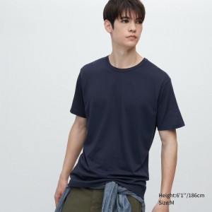 Navy Uniqlo Airism Cotton Crew Neck Men T Shirts | 3933643