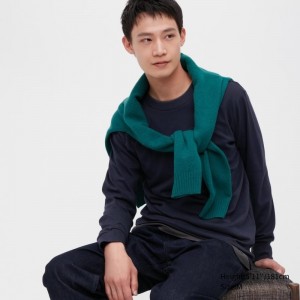 Navy Uniqlo Brushed Cotton Crew Neck Long-sleeve Men T Shirts | 568480