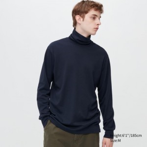 Navy Uniqlo Brushed Cotton Turtleneck Long-sleeve Men T Shirts | 9298186