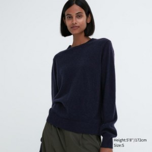Navy Uniqlo Cashmere Crew Neck Long-sleeve Women Sweaters | 6897988