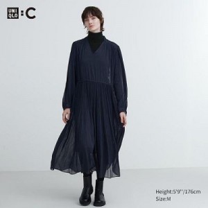 Navy Uniqlo Chiffon Pleated Long-Sleeve Women Dress | 7853684