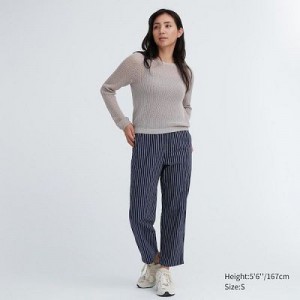 Navy Uniqlo Cotton Striped Relaxed Ankle Women Pants | 5145674