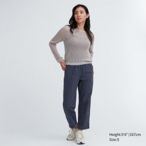 Navy Uniqlo Cotton Striped Relaxed Ankle Women Pants | 726728