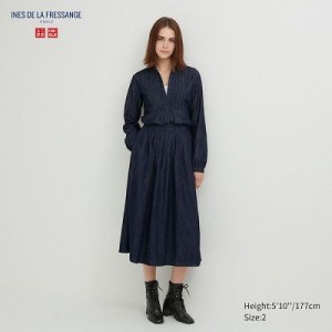 Navy Uniqlo Denim Gather Women Skirts | 9995599