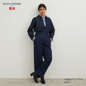 Navy Uniqlo Denim Wide-Fit Pleated Women Pants | 8083782