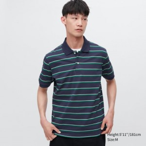 Navy Uniqlo Dry Pique Striped Short-sleeve Men Polo Shirts | 3603199