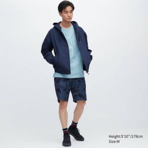 Navy Uniqlo Dry Stretch Leaf Print Easy Men Shorts | 9835471
