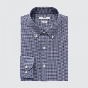 Navy Uniqlo Easy Care Checked Stretch Slim-fit Long-sleeve Men Shirts | 9558826