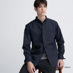Navy Uniqlo Extra Fine Cotton Broadcloth Long-sleeve Men Shirts | 2057595