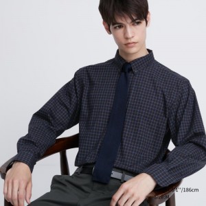 Navy Uniqlo Extra Fine Cotton Broadcloth Checked Long-sleeve Men Shirts | 3842453