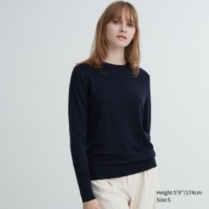 Navy Uniqlo Extra Fine Merino Crew Neck Long-Sleeve Women Sweaters | 9339705