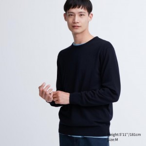 Navy Uniqlo Extra Fine Merino Crew Neck Long-Sleeve Women Sweaters | 6607874