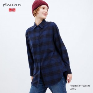 Navy Uniqlo Flannel Checked Long-Sleeve Long Women Shirts | 8781920