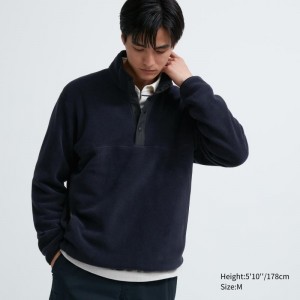 Navy Uniqlo Fleece Button Up Long Sleeve Pullover Men Hoodie | 6778691