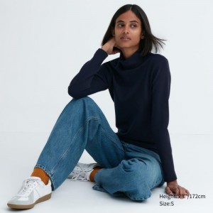 Navy Uniqlo HEATTECH Ultra Warm High Neck Women T Shirts | 915483