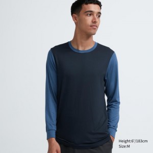 Navy Uniqlo Heattech Crew Neck Long Sleeve Men T Shirts | 4230482