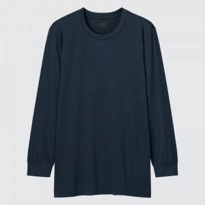 Navy Uniqlo Heattech Crew Neck Long-sleeve Men T Shirts | 9021458