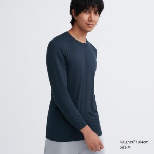 Navy Uniqlo Heattech Crew Neck Long-sleeve Men T Shirts | 4055800